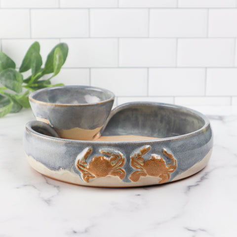 Ceramic chip and Dip bowl with a crab design and light blue glaze