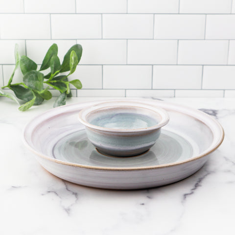 Ceramic chip and dip platter with white and light blue glaze