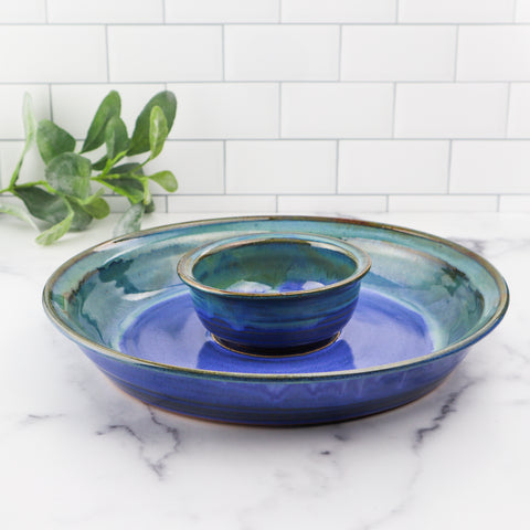Ceramic chip and dip platter with blue glaze