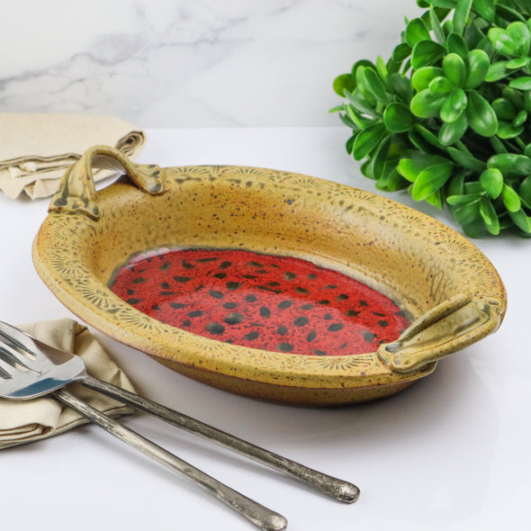 Oval Baking Dish With Handles- Red