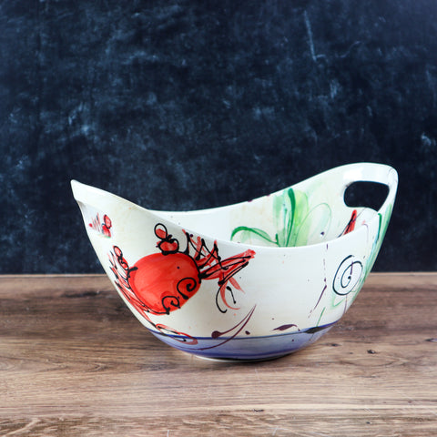 Handled Oval Bowl- Blue Crab