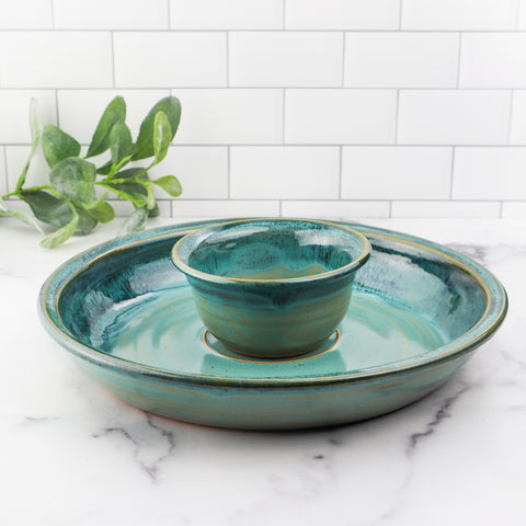 Ceramic chip and dip platter with turquoise glaze 